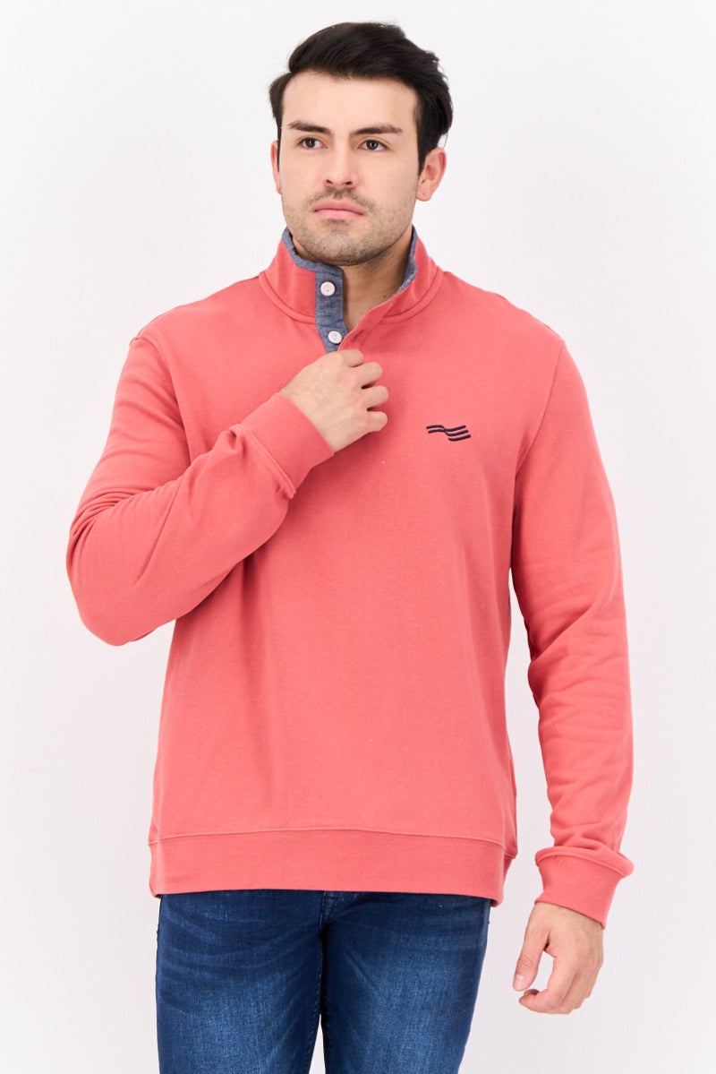 PERRY ELLIS Men High Neck Long Sleeve Brand Logo Sweatshirt, Mineral Red  - Image 1