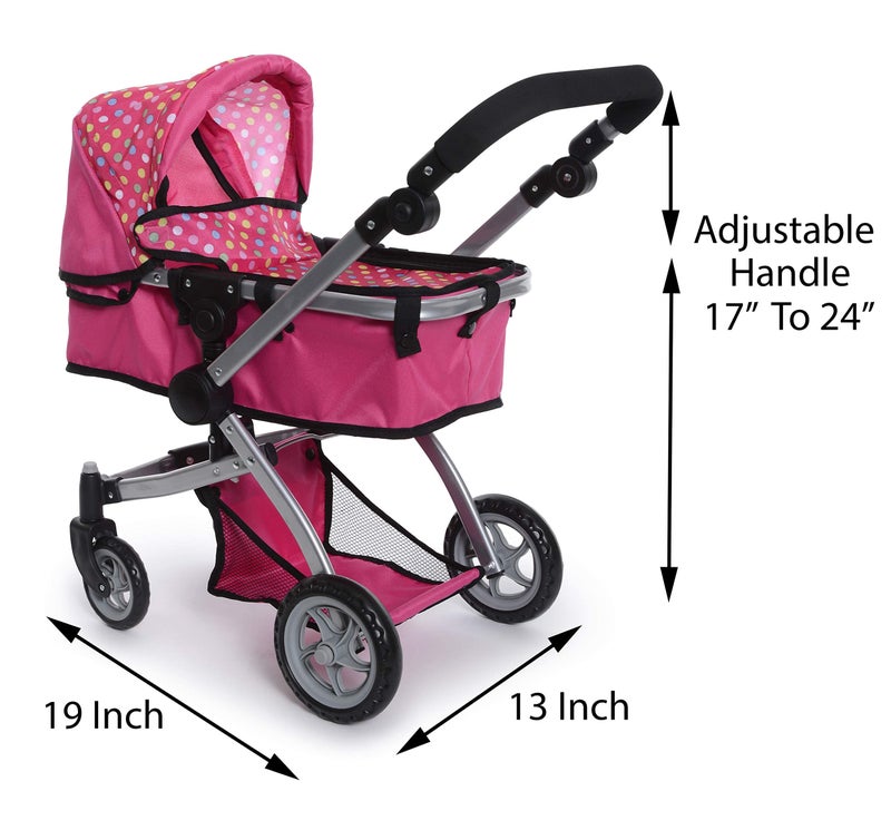 fash n kolor Foldable Pram for Baby Doll with Polka Dots Design with Swiveling Wheel Adjustable Handle - Image 3
