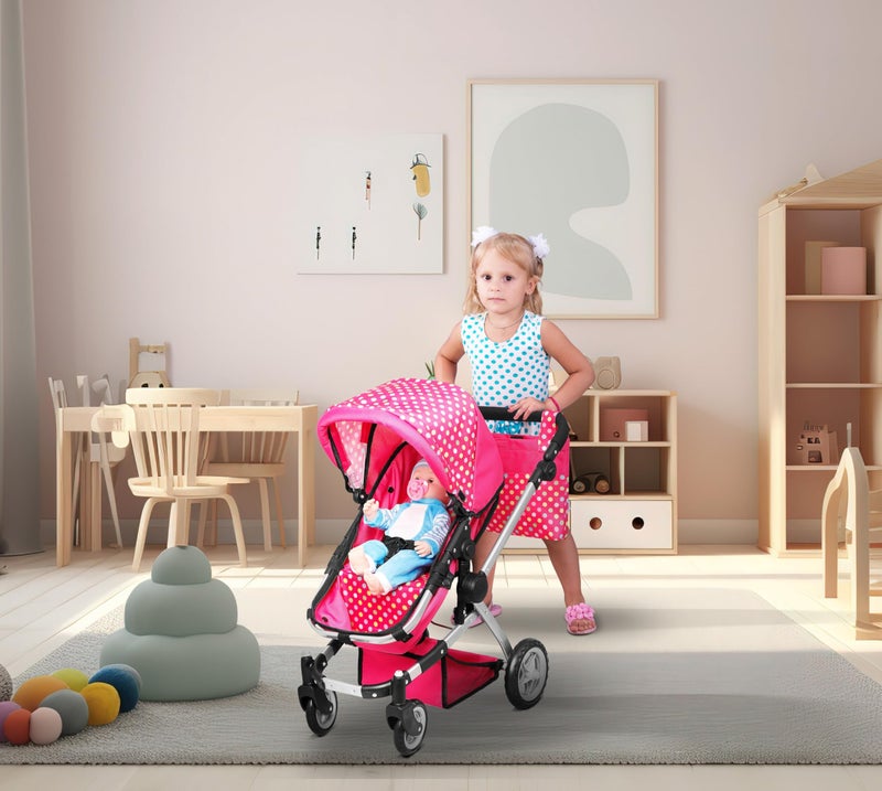 fash n kolor Foldable Pram for Baby Doll with Polka Dots Design with Swiveling Wheel Adjustable Handle - Image 2