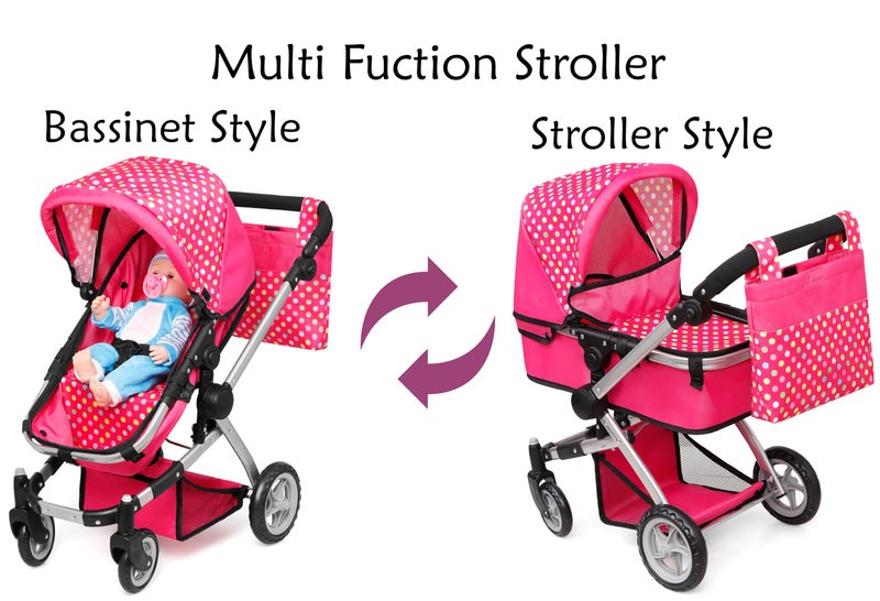 fash n kolor Foldable Pram for Baby Doll with Polka Dots Design with Swiveling Wheel Adjustable Handle - Image 5