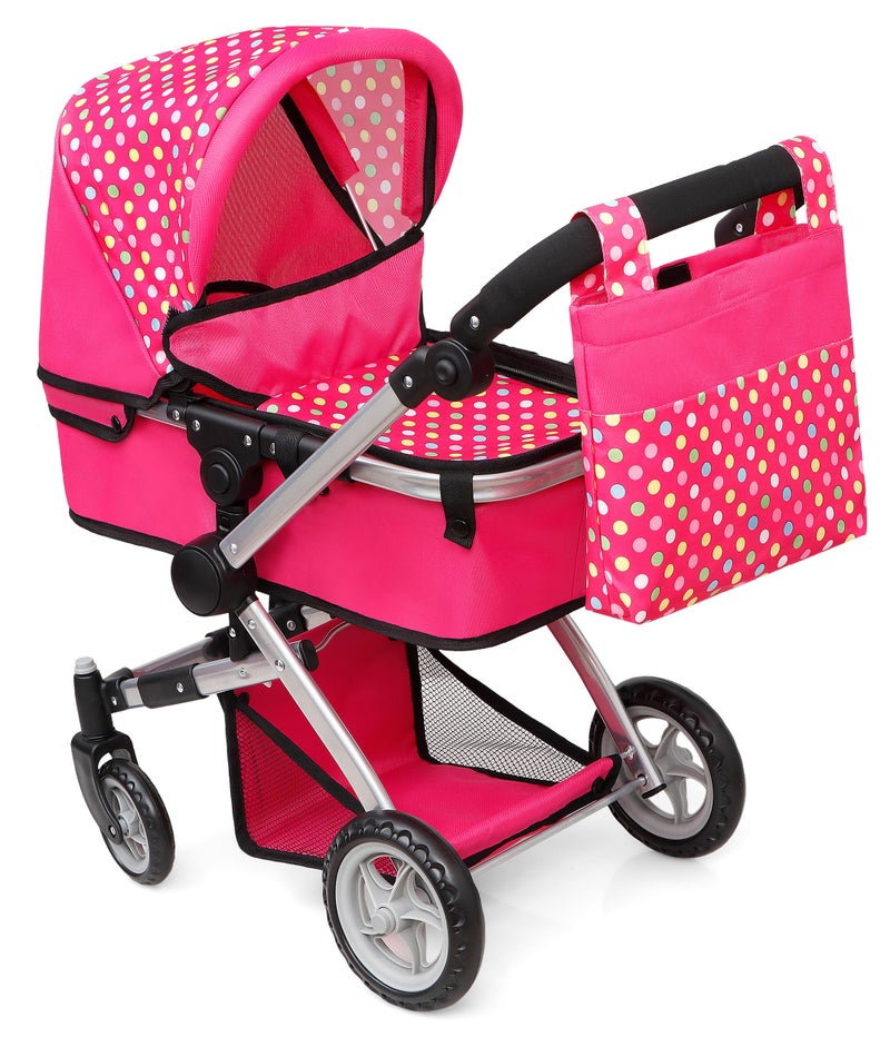 fash n kolor Foldable Pram for Baby Doll with Polka Dots Design with Swiveling Wheel Adjustable Handle - Image 1