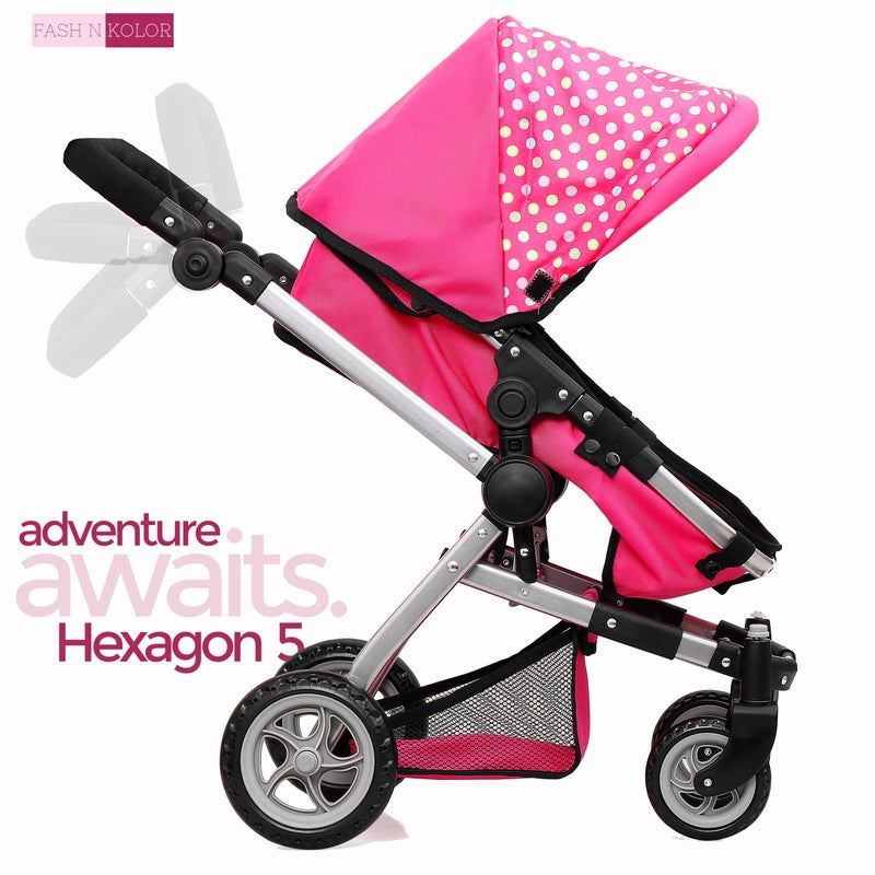 fash n kolor Foldable Pram for Baby Doll with Polka Dots Design with Swiveling Wheel Adjustable Handle - Image 4