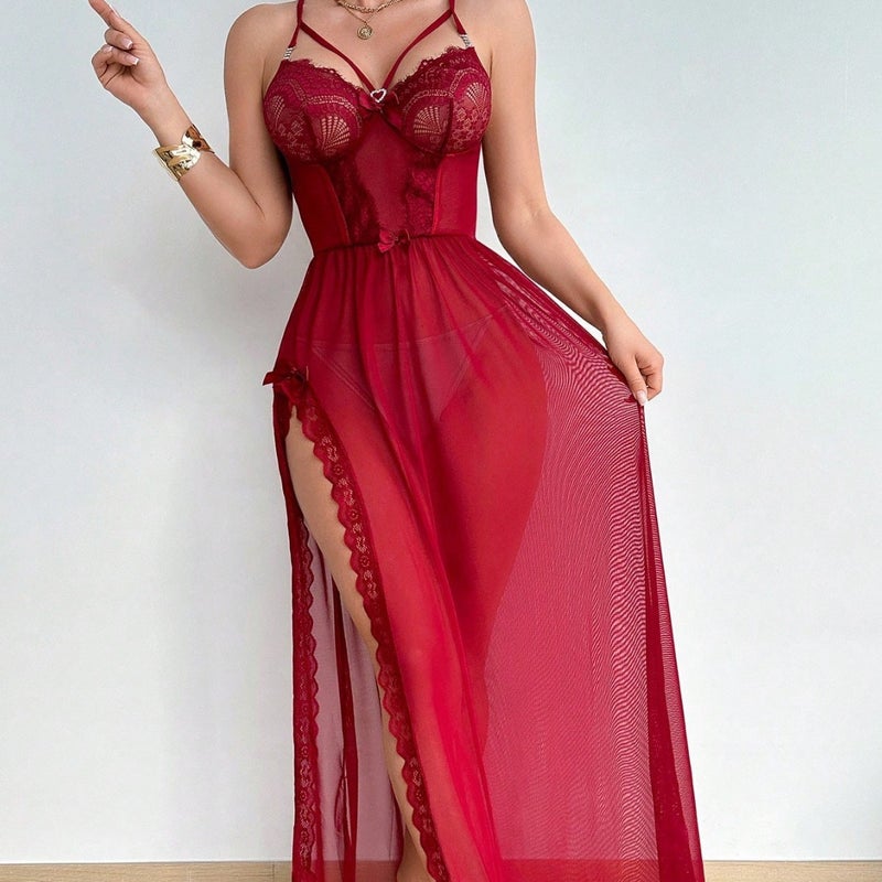 New Sexy Lace Hollow Sleepwear Jumpsuit See-Through Lingerie Intimate Dress - Image 2
