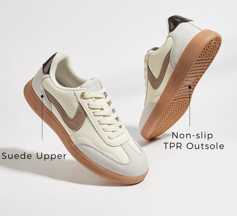 LUCKY STEP Women's Classic Fashion Casual Sneakers Skate Shoes No Slip Lace Up Walking Shoes(10 M US Beige/Grey Suede) - Image 3