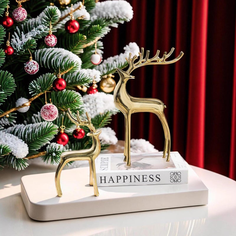 YACSNBF Reindeer Figurine Statues Deluxe Set of 2, Christmas Deer Pure Copper Heavy Reindeer Ornaments for Home Decor Accents Living Room Office Bookself Tabletop Mantle Christmas Decoration, Gold - Image 5