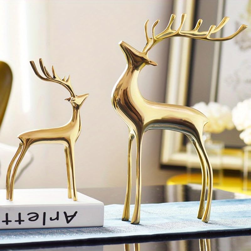 YACSNBF Reindeer Figurine Statues Deluxe Set of 2, Christmas Deer Pure Copper Heavy Reindeer Ornaments for Home Decor Accents Living Room Office Bookself Tabletop Mantle Christmas Decoration, Gold - Image 2