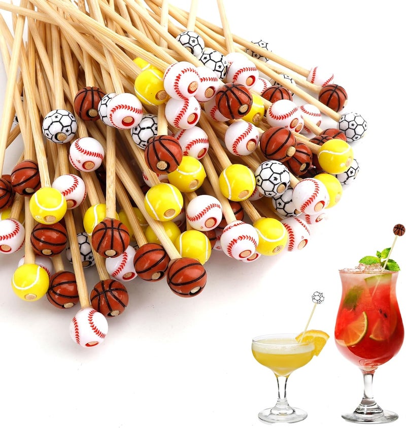 Leislam Cocktail Picks, 100 PCS Sport Themed Toothpicks, Fancy Tooth Picks, Bamboo Cocktail Toothpicks, 4.72 Inch Multi Food Picks Fruit Picks for Drinks Desserts for Sports Events Party Decorations Supplies - Image 1