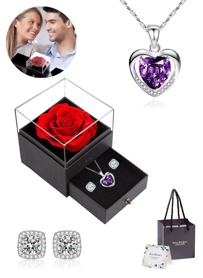Lemon Preserved Flowers Gift Box Set Forever Red Rose with Necklace and Earrings for Mom Daughter Girlfriend Wife on Anniversary Wedding Birthday - Image 1