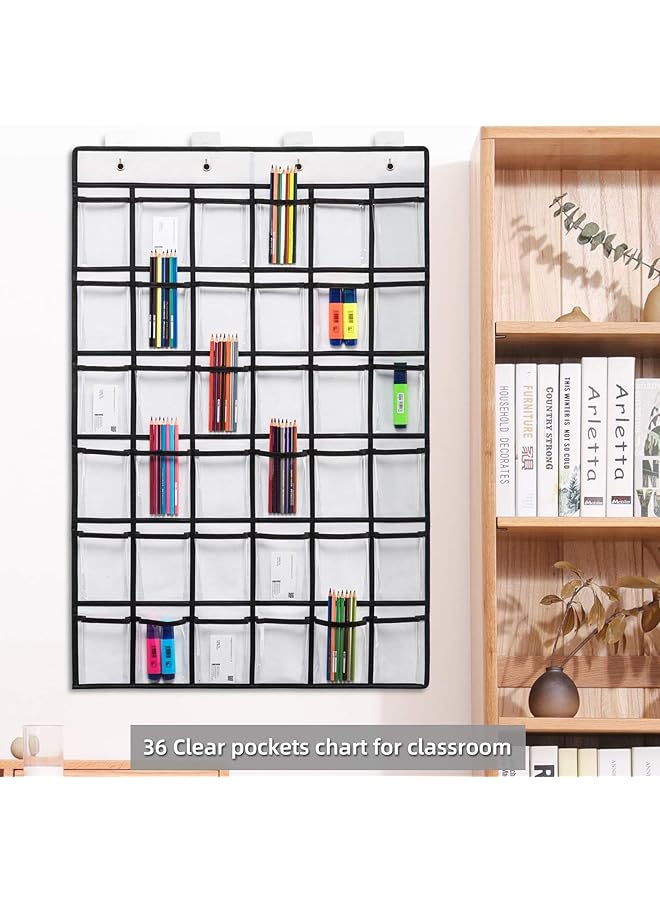 erorex 2 Pack 36 Pockets Classroom Pocket Chart For Cell Phone Calculator Holder Clear Pocket Chart Organizer For Classroom Cellphone Storage With 36 Number Sticker Size:38.5X25.7 Inch White 2Pack - Image 5