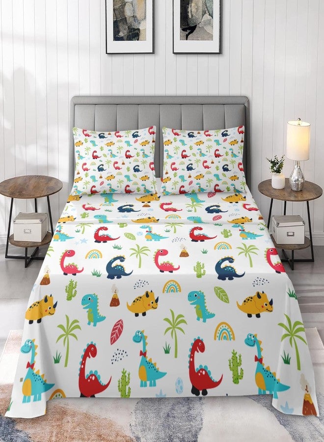Pamnest Queen Size Bed Sheet Sets, Cute Cartoon Dinosaur 4 Pcs Bedding Sets for Kids and Adults Bedroom Bed Decor, Colorful Dion Flat, Fitted Sheet and 2 Pillowcases - Image 3