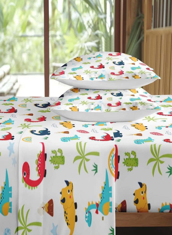 Pamnest Queen Size Bed Sheet Sets, Cute Cartoon Dinosaur 4 Pcs Bedding Sets for Kids and Adults Bedroom Bed Decor, Colorful Dion Flat, Fitted Sheet and 2 Pillowcases - Image 4