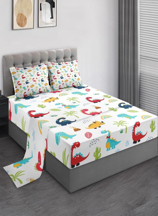 Pamnest Queen Size Bed Sheet Sets, Cute Cartoon Dinosaur 4 Pcs Bedding Sets for Kids and Adults Bedroom Bed Decor, Colorful Dion Flat, Fitted Sheet and 2 Pillowcases - Image 1