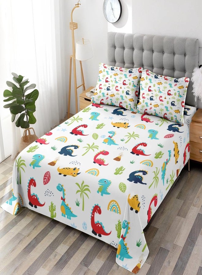 Pamnest Queen Size Bed Sheet Sets, Cute Cartoon Dinosaur 4 Pcs Bedding Sets for Kids and Adults Bedroom Bed Decor, Colorful Dion Flat, Fitted Sheet and 2 Pillowcases - Image 2