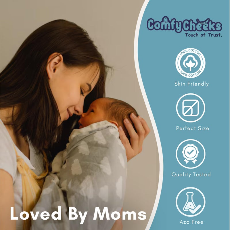 Comfy Cheeks 100% Cotton Muslin Baby Swaddle Set, Pack of 3, Size-115cm x 100cm Swaddlers for 0-18 Months Printed Mulmul Muslin Swaddle Wrap for Newborn Baby, Baby Towel - Image 3