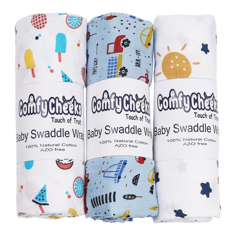 Comfy Cheeks 100% Cotton Muslin Baby Swaddle Set, Pack of 3, Size-115cm x 100cm Swaddlers for 0-18 Months Printed Mulmul Muslin Swaddle Wrap for Newborn Baby, Baby Towel - Image 1