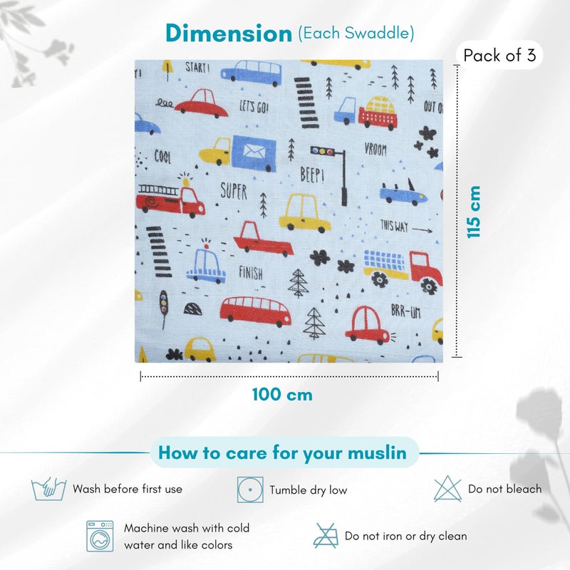 Comfy Cheeks 100% Cotton Muslin Baby Swaddle Set, Pack of 3, Size-115cm x 100cm Swaddlers for 0-18 Months Printed Mulmul Muslin Swaddle Wrap for Newborn Baby, Baby Towel - Image 5