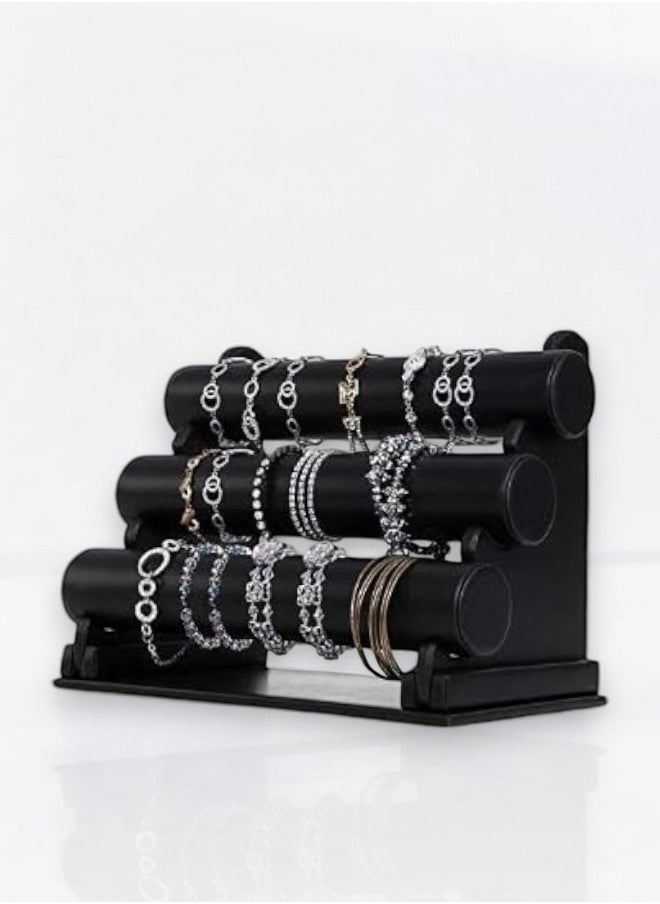 ZCM-HAPPY Black Leather Three Layer Jewelry Stand Display, Elegant Display for Bracelets, Necklaces and Wrist Watches, Jewellery Organizer  - Image 1
