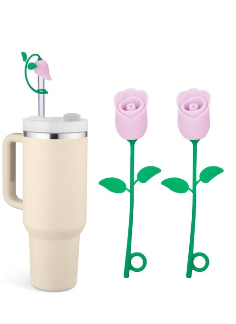 2Pcs Rose Flower Straw Cover Cap Compatible with 20 30 40 Oz Tumbler and Water Bottles 6 8 10mm Straw Accessories