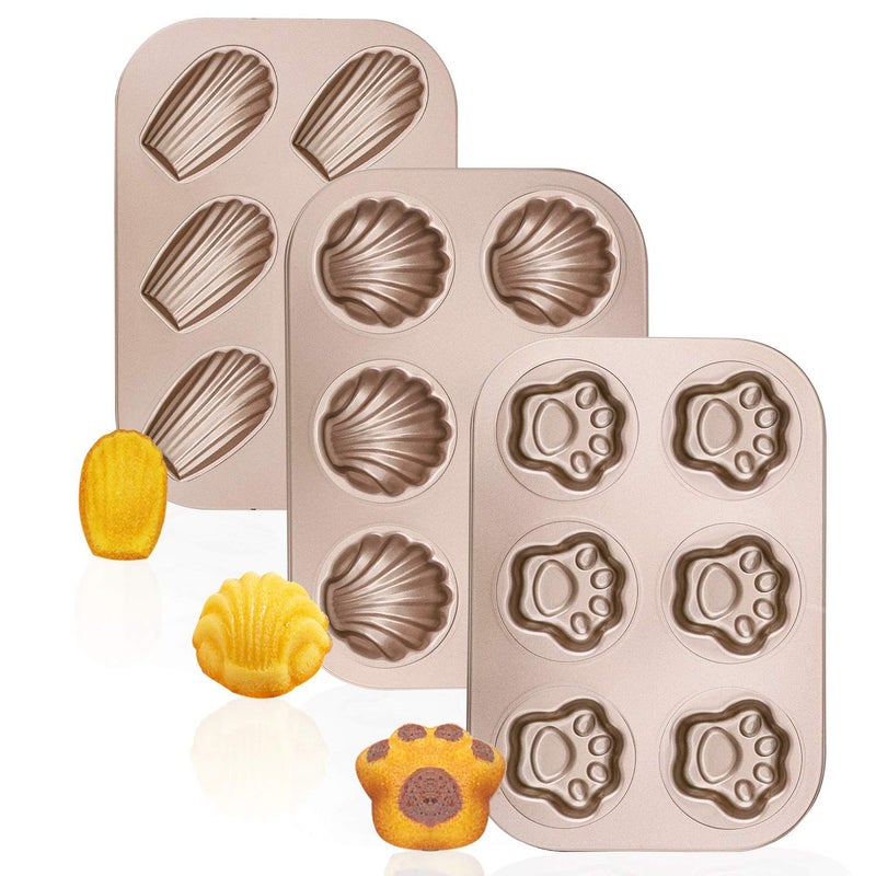 Beasea 3 Pack Madeleine Pans, 10x7 Inch 6 Cavity Nonstick Cat Shaped Cake Cookies Pan Carbon Steel Madeleine Mold Shell Madeline Pan - Image 1