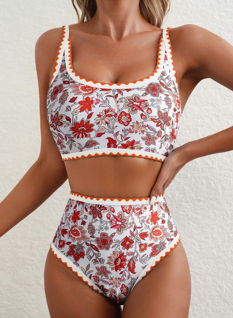 Herseas Bikini Sets for Women Floral Print Color Block Swim Suits High Waisted Scoop Neck Wire Free Bathing Suits Orange Travel Outfits Classic Pool Party Teen Girls Essentials Small - Image 4