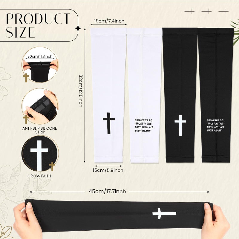 Bunnycool 2 Pairs Cross Arm Sleeve Christian Compression Arm Sleeve Youth Football Baseball Volleyball(White,Black,13-18years,Proverbs 3:5) - Image 2