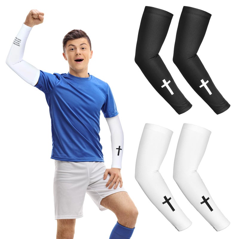 Bunnycool 2 Pairs Cross Arm Sleeve Christian Compression Arm Sleeve Youth Football Baseball Volleyball(White,Black,13-18years,Proverbs 3:5) - Image 1