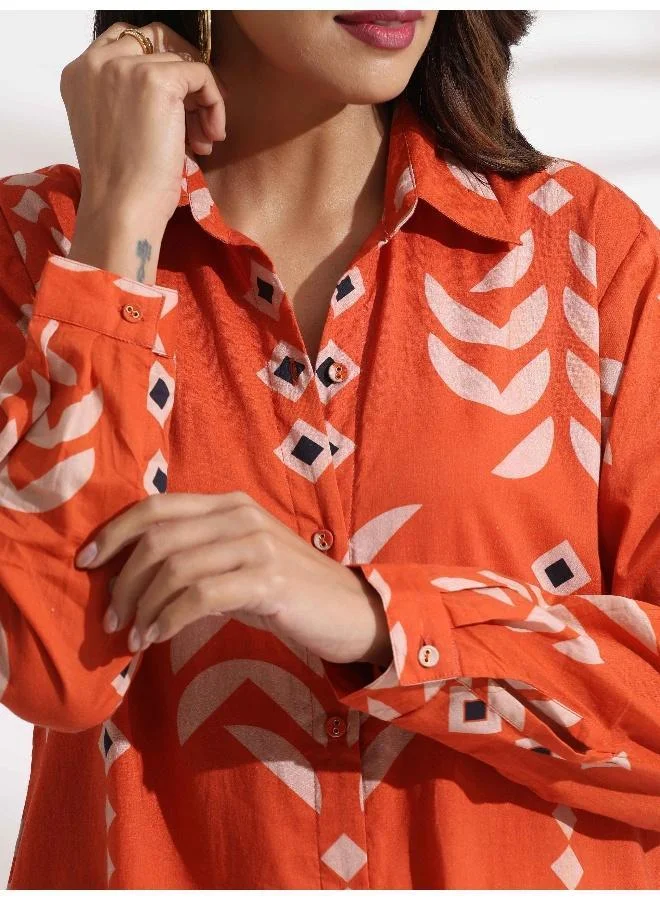 trueBrowns trueBrowns Orange Cotton Print Shirt Dress