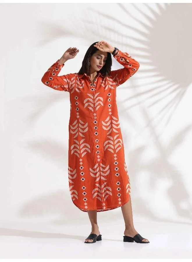 trueBrowns trueBrowns Orange Cotton Print Shirt Dress