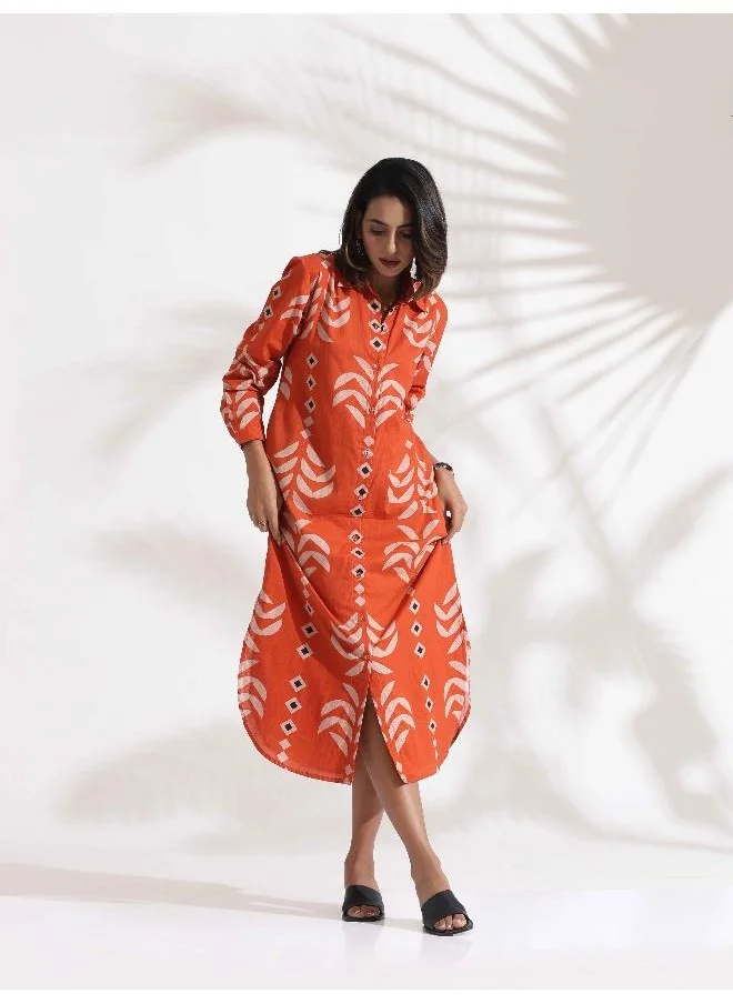 ترو برونز trueBrowns Orange Cotton Print Shirt Dress