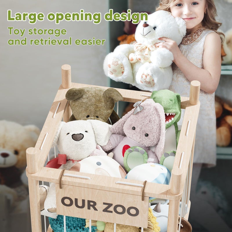 Dayacoco Stuffed Animal Storage, Wood Stuffed Animals Organizer Holder Zoo, Extra Large Capacity Stuff Storage with Elastic Band and Net for Nursery Kids Play Room Bedroom (Pine wood) - Image 5