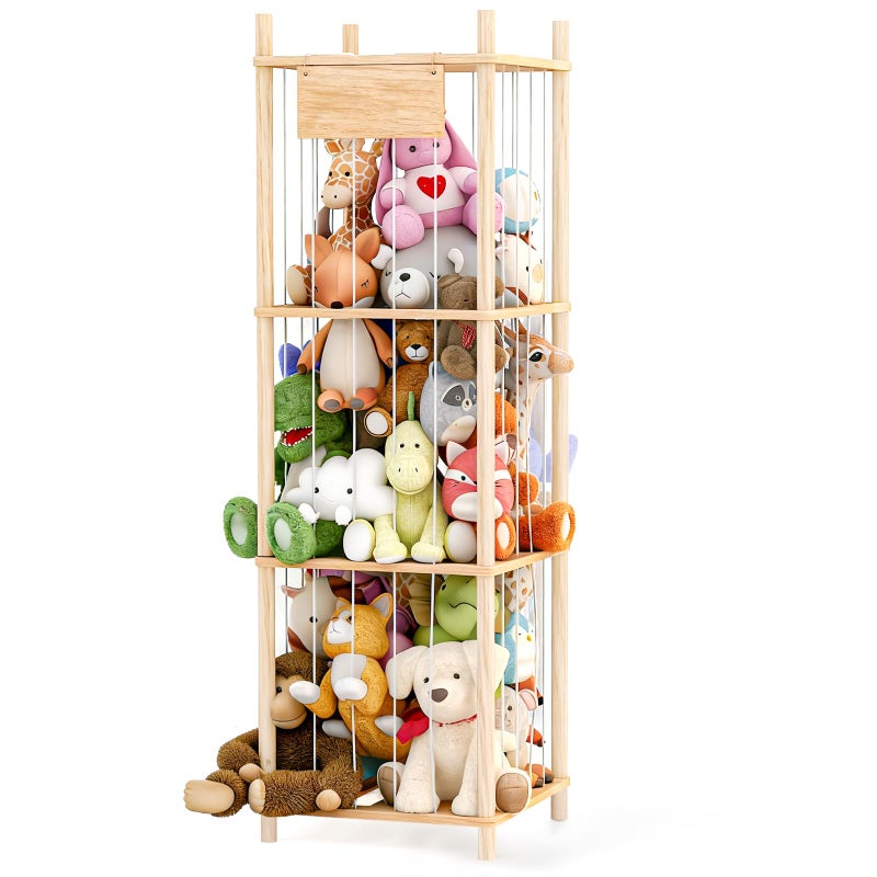 Dayacoco Stuffed Animal Storage, Wood Stuffed Animals Organizer Holder Zoo, Extra Large Capacity Stuff Storage with Elastic Band and Net for Nursery Kids Play Room Bedroom (Pine wood) - Image 1