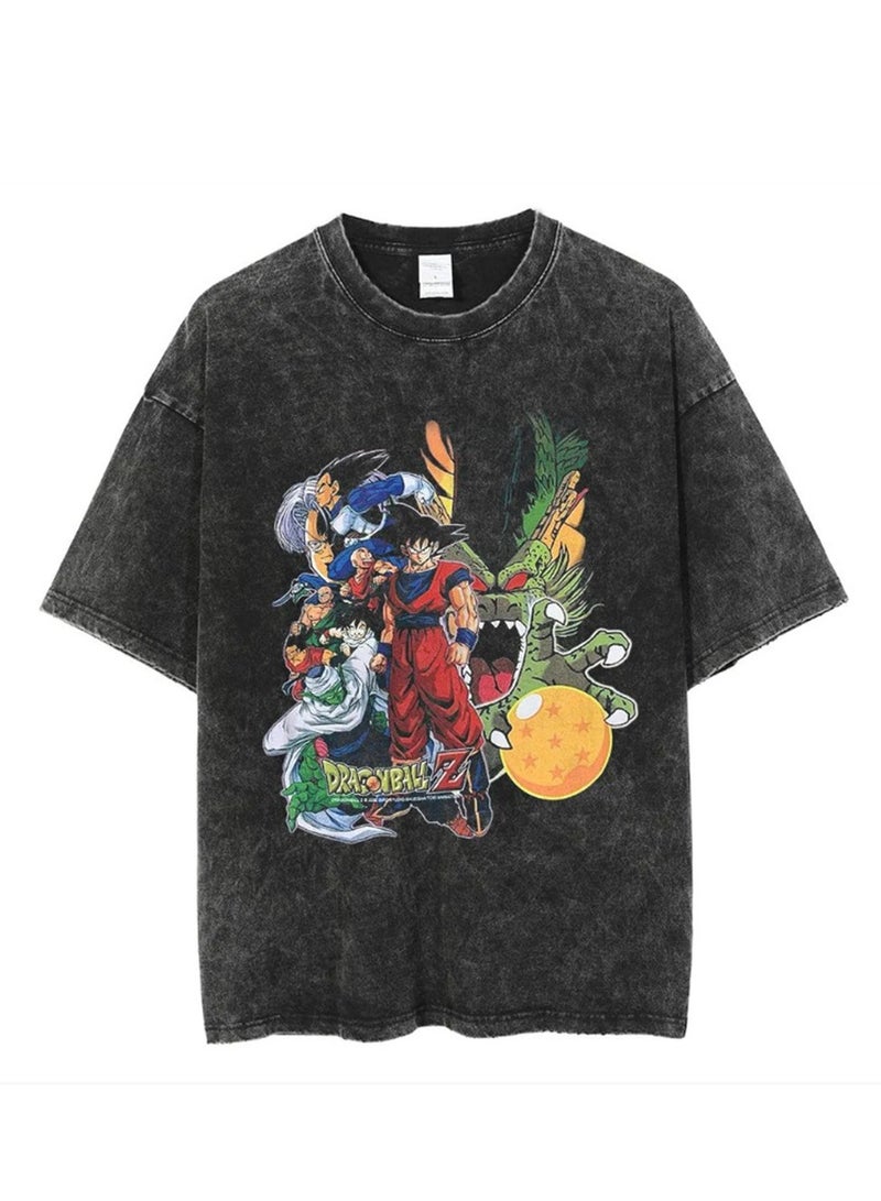 Washed retro T-shirt street hip hop anime Dragon Ball casual cotton summer short sleeves - Image 1