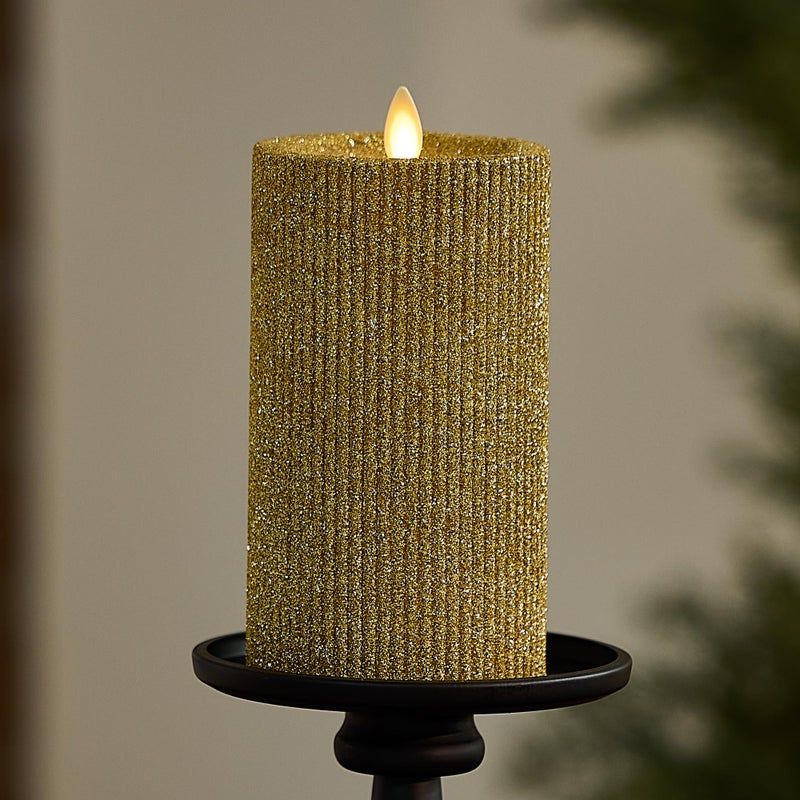 Luminara Rich Gold Glitter Ribbed Flameless LED Candle Moving Flame Pillar Real Wax Flat Top Timer 325 x 65 - Image 2