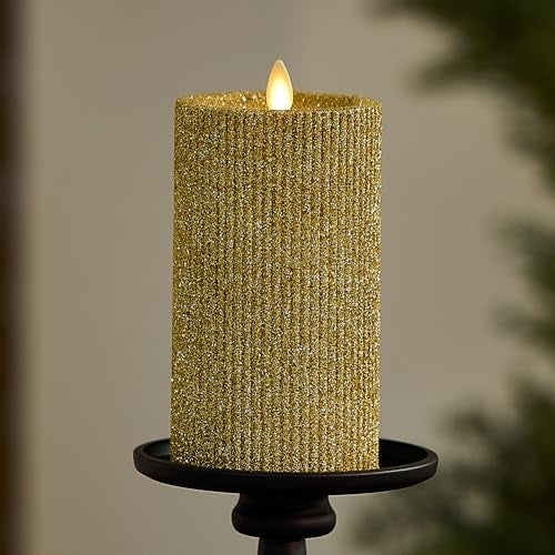 Luminara Rich Gold Glitter Ribbed Flameless LED Candle Moving Flame Pillar Real Wax Flat Top Timer 325 x 65 - Image 1