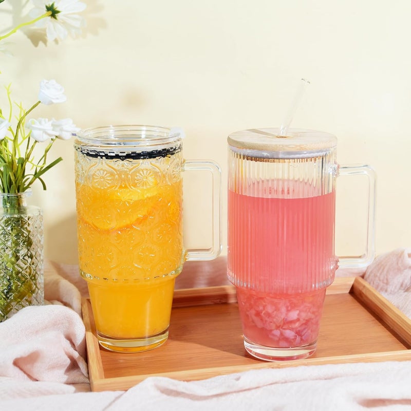 Icesip 24oz Ribbed Glass Cups with Lids and Straws Handle Iced Coffee Drinking Glasses Heavy Duty Tumbler for Cold Drink Smoothie Boba Tea(Ribbed with Bamboo Lid) - Image 5