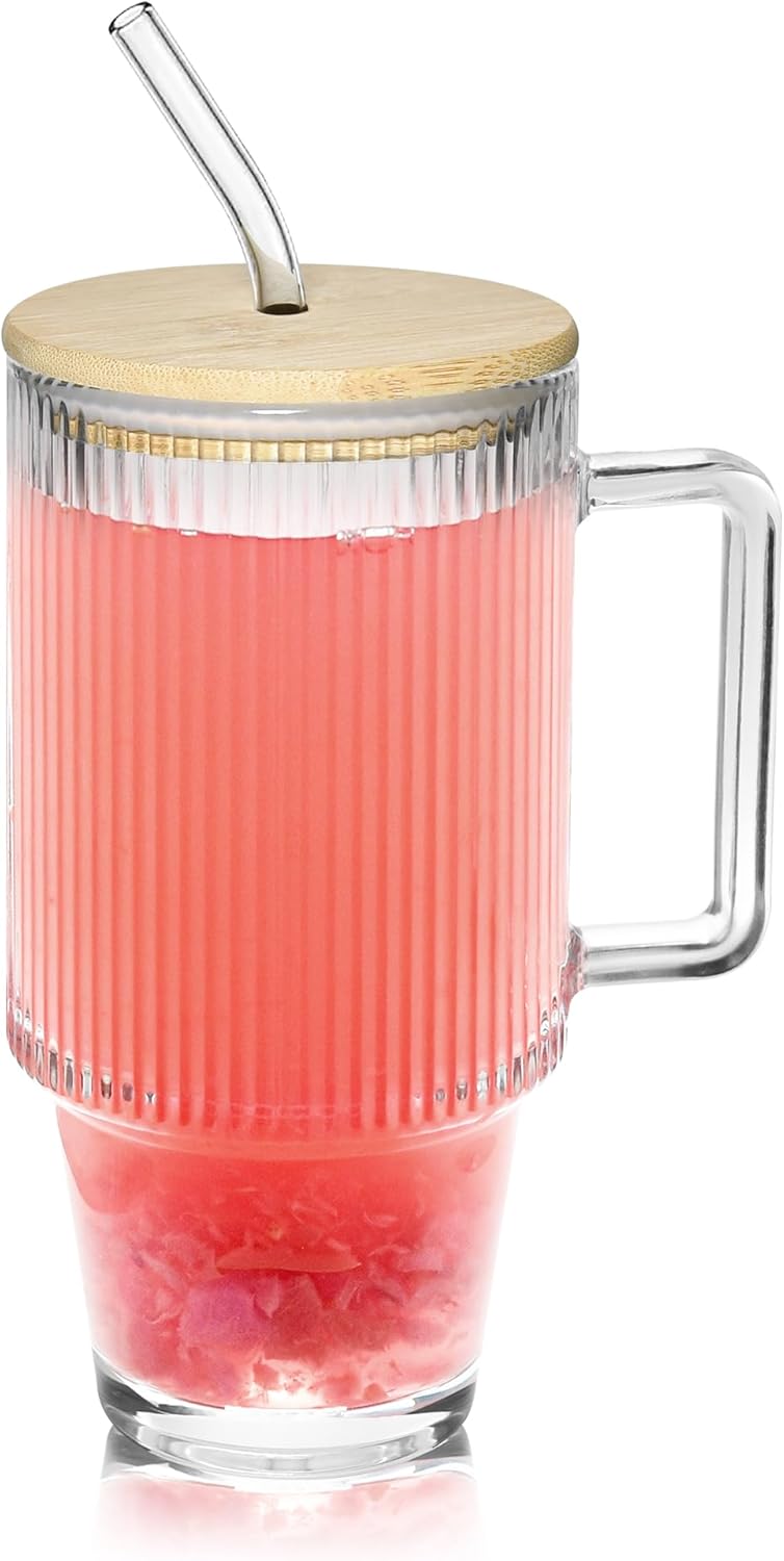 Icesip 24oz Ribbed Glass Cups with Lids and Straws Handle Iced Coffee Drinking Glasses Heavy Duty Tumbler for Cold Drink Smoothie Boba Tea(Ribbed with Bamboo Lid) - Image 1