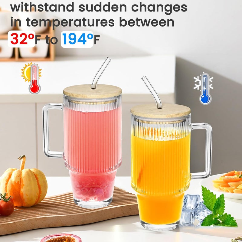 Icesip 24oz Ribbed Glass Cups with Lids and Straws Handle Iced Coffee Drinking Glasses Heavy Duty Tumbler for Cold Drink Smoothie Boba Tea(Ribbed with Bamboo Lid) - Image 2