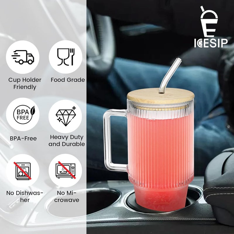 Icesip 24oz Ribbed Glass Cups with Lids and Straws Handle Iced Coffee Drinking Glasses Heavy Duty Tumbler for Cold Drink Smoothie Boba Tea(Ribbed with Bamboo Lid) - Image 3