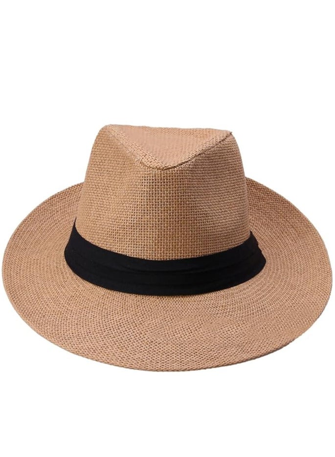 Festive Gallery Unisex Fashion Solid Color British Sun Hat Wide Brim Straw Hat Adult Jazz Straw Hat Jazz Hat Men's and Women's Fashion Solid Colour British Sun Hat Straw Hat Jazz Hat Cowboy Hat Women Brown