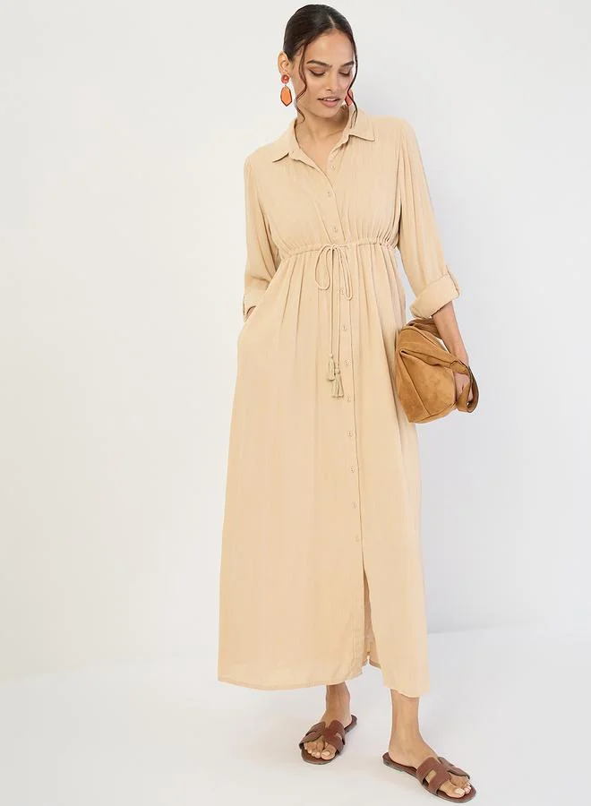 Femmella  Women Beige Crinkled Button Down Maxi Dress for Women | Best Price UAE