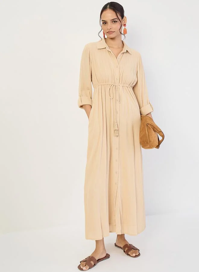 Femmella  Women Beige Crinkled Button Down Maxi Dress for Women | Best Price UAE