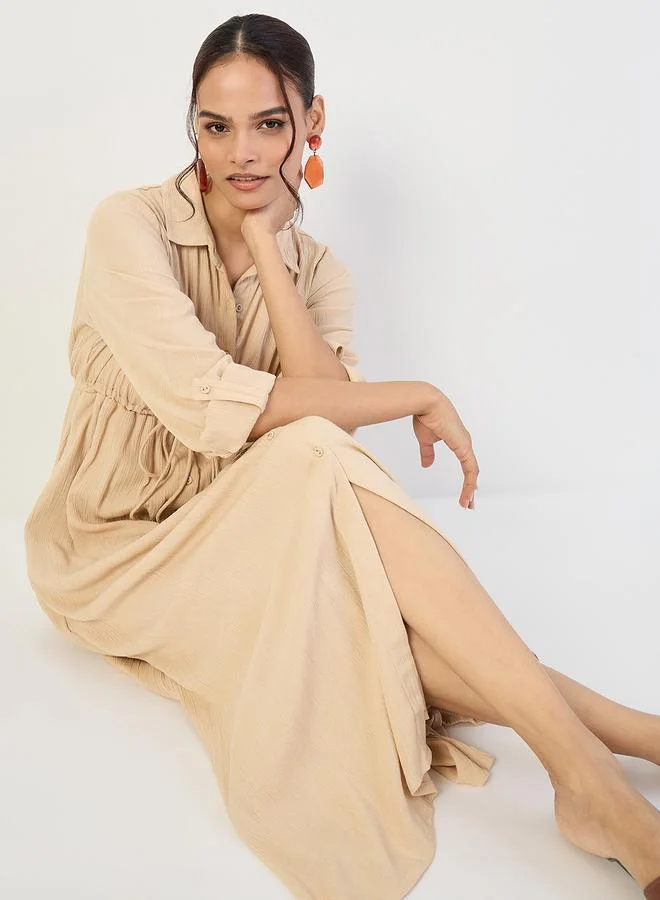 Femmella  Women Beige Crinkled Button Down Maxi Dress for Women | Best Price UAE