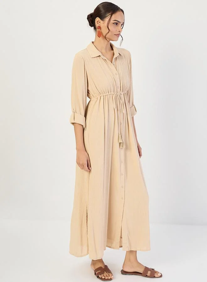 Femmella  Women Beige Crinkled Button Down Maxi Dress for Women | Best Price UAE