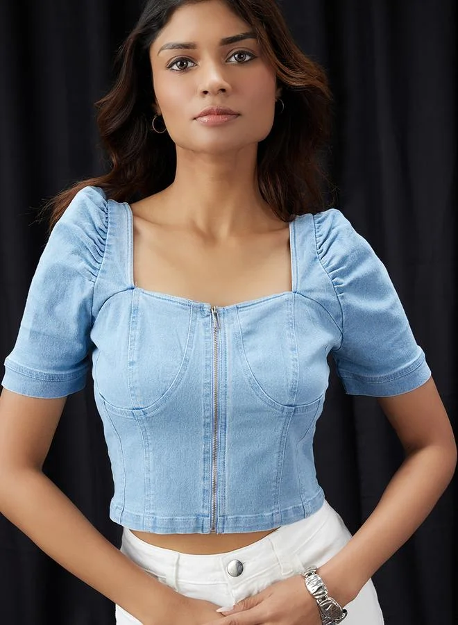 globus Women Blue Puff Sleeves Denim Corset Top