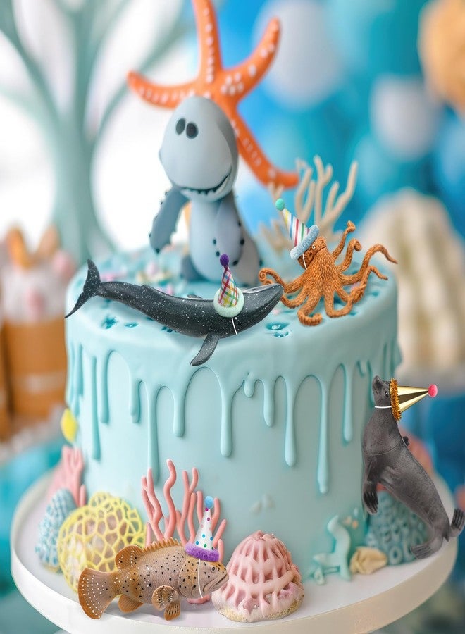 Colingmill 18 Pcs Sea Animal Birthday Party Decorations Mini Birthday Hat Animal Figure Model Cake Toppers with Mini Hat for Birthday Party, Animals Themed Party - Image 2