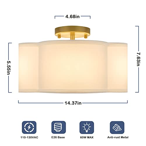 BesLowe 4-Light 14.4'' Semi Flush Mount Ceiling Light Fixture, Gold Modern Close to Ceiling Lamp with White Fabric Shade, Farmhouse Bright Lighting Brass Finish for Nursery Kids Room Bedroom Hallway Entryway - Image 5