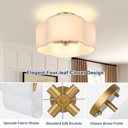 BesLowe 4-Light 14.4'' Semi Flush Mount Ceiling Light Fixture, Gold Modern Close to Ceiling Lamp with White Fabric Shade, Farmhouse Bright Lighting Brass Finish for Nursery Kids Room Bedroom Hallway Entryway - Image 2