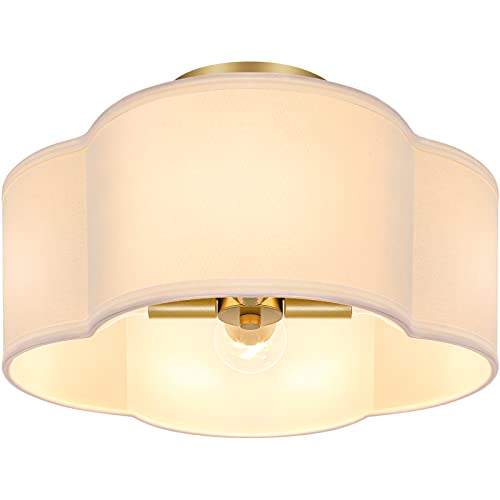 BesLowe 4-Light 14.4'' Semi Flush Mount Ceiling Light Fixture, Gold Modern Close to Ceiling Lamp with White Fabric Shade, Farmhouse Bright Lighting Brass Finish for Nursery Kids Room Bedroom Hallway Entryway - Image 1