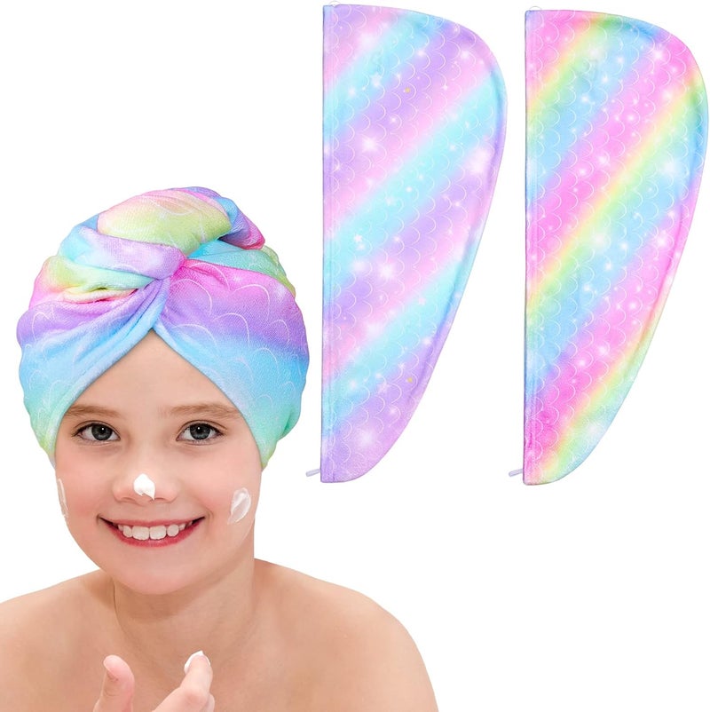 Basumee Microfiber Hair Towel Wrap for Kids 2 Pack Rapid Drying Hair Towel with Button Hair Turbans for Wet Hair Wraps Head Towel Wrap for Women and Girls Rainbow