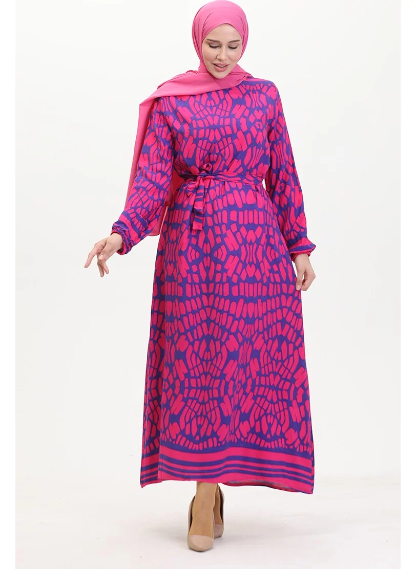 Sefa Merve Patterned Belted Viscose Dress 0473-02 Fuchsia